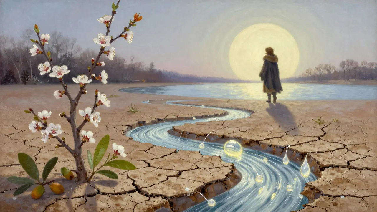 Paesaggio invernale simbolico dove la pelle danneggiata si rigenera con flussi di acido ialuronico e ceramidi, mentre fiori crescono dalla pelle riparata.