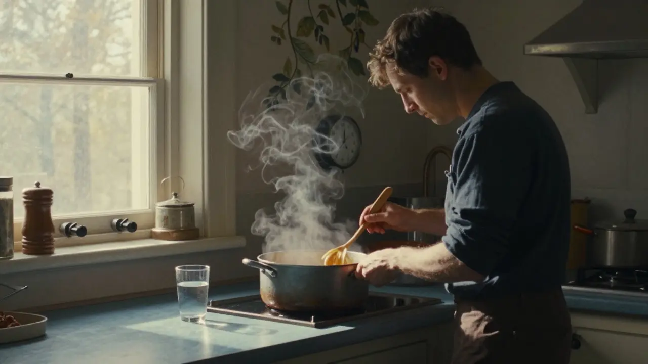 Persona che prepara il sugo con la moka, timer a 20 minuti, luce calda e vapore che sale dalla pentola.