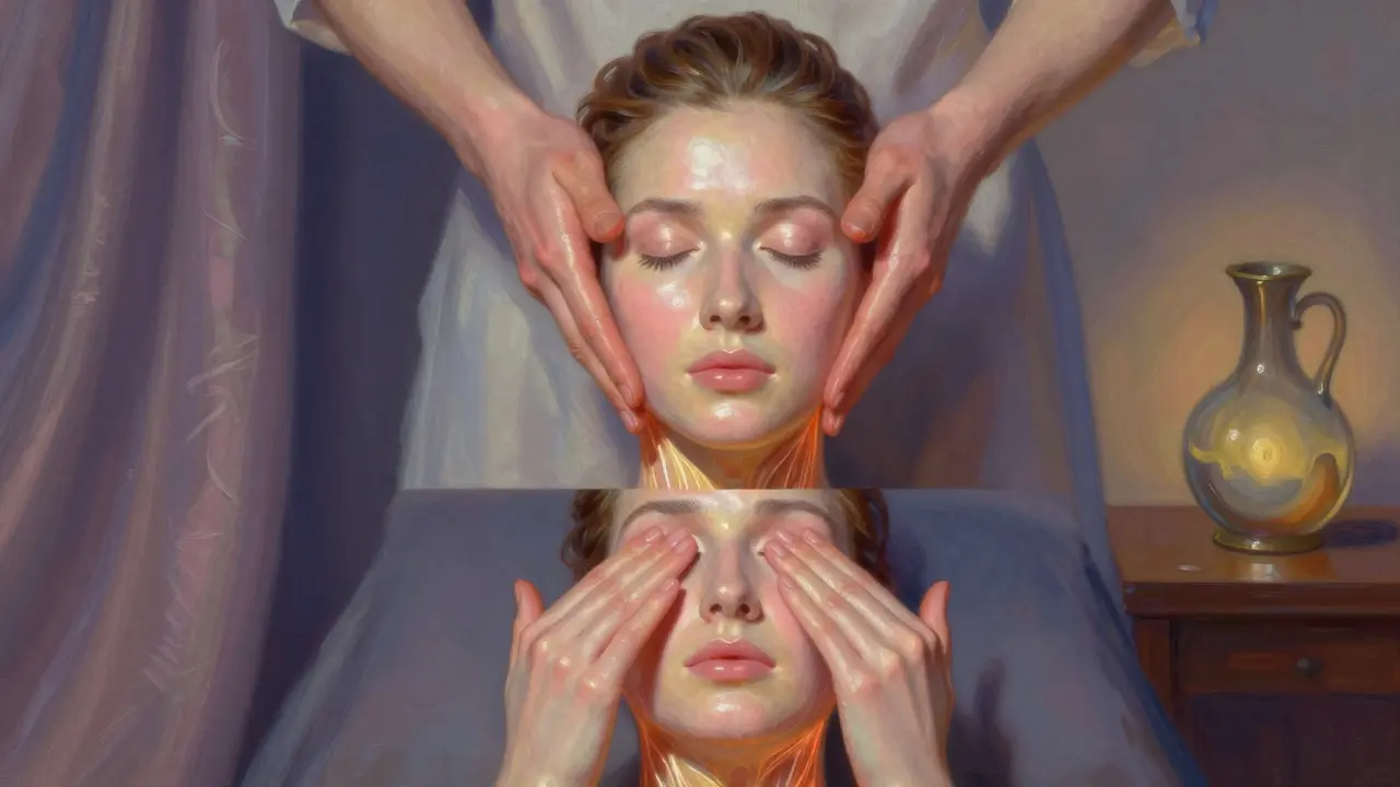 Rappresentazione illustrata delle tre fasi del massaggio viso serale: cuoio capelluto, mandibola e contorno occhi, con dettagli luminosi e tonalità eteree.