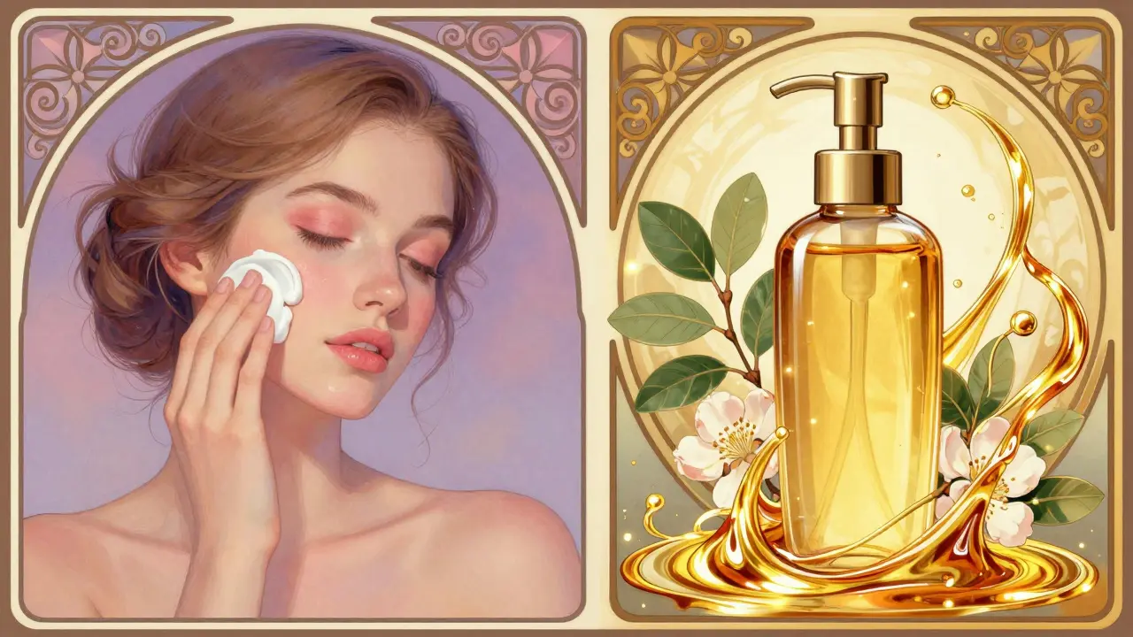 Rituale di pulizia duplice: latte detergente morbido a sinistra, olio struccante potente a destra, con elementi botanici fluttuanti.