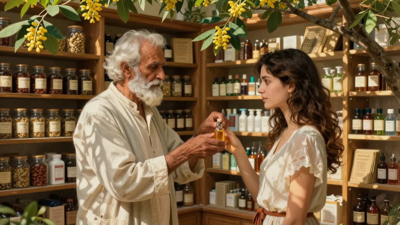 Scena simbolica: un erborista indiano consegna olio di neem a una donna italiana in un'apoteca milanese.