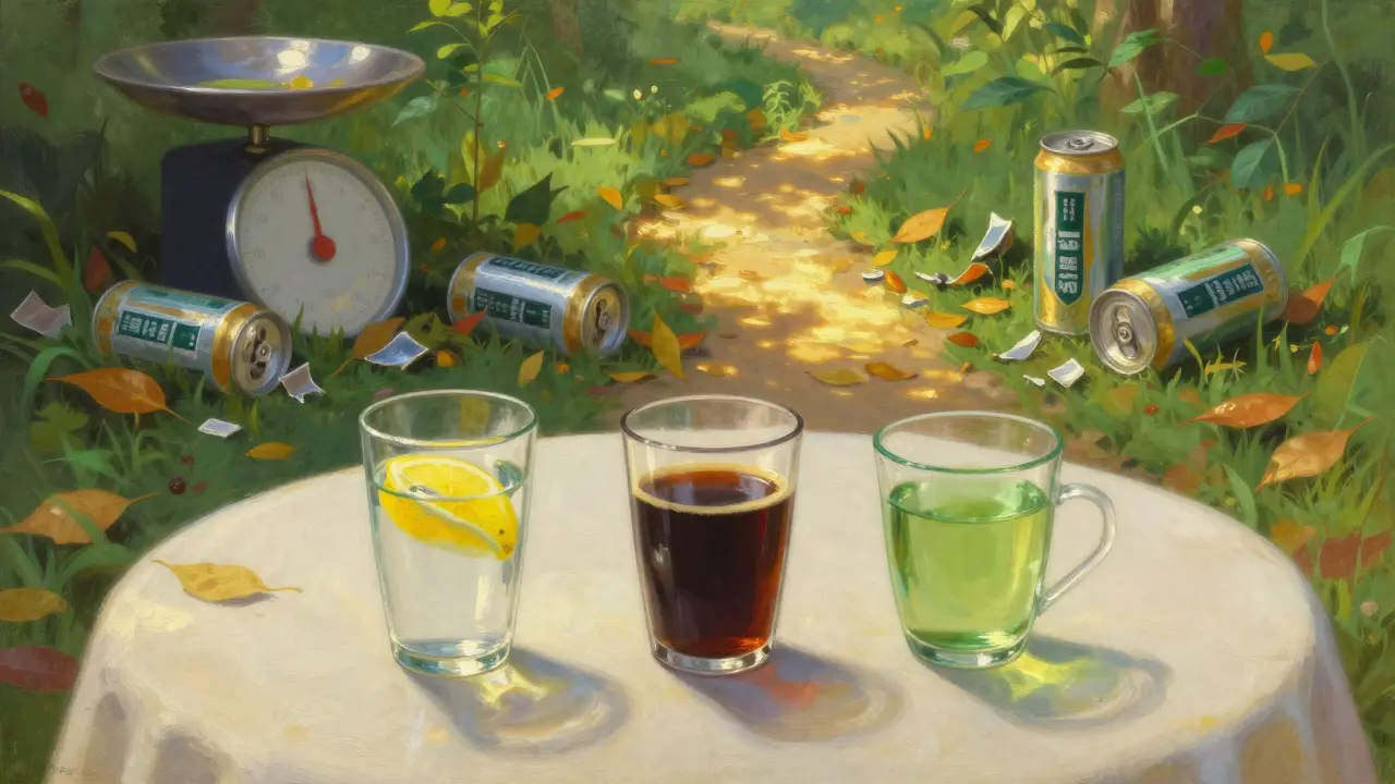 Tre bevande salutari illuminate dalla luce del mattino, accanto a lattine rotte e bilance spezzate, simbolo di scelta consapevole.