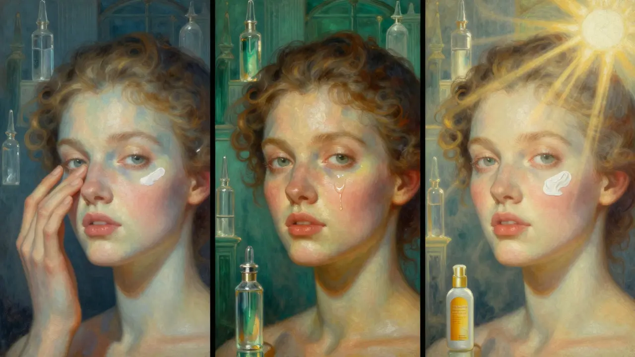 Triptico simbolico dei tre passi della routine mattutina: contorno occhi, siero e crema con SPF.