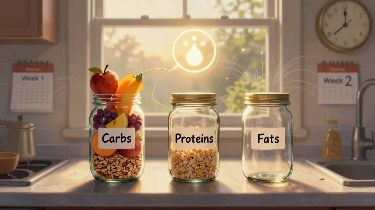 Un bancone da cucina con un vaso di carboidrati che emana luce dorata, con ormoni che fluttuano nell'aria.