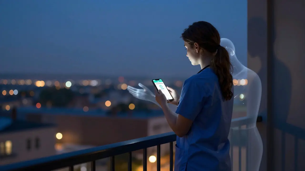 Un caregiver su un balcone al crepuscolo, guarda uno smartphone con un'app di sostegno, avvolto da una luce celestiale.