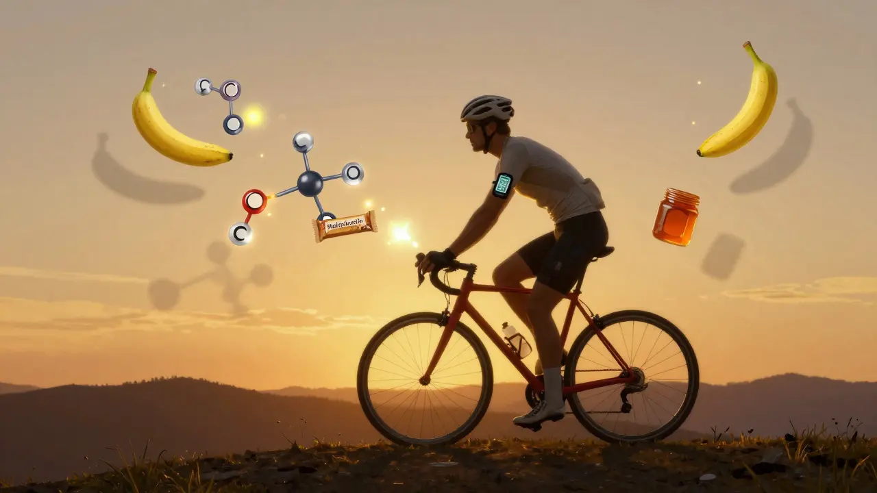 Un ciclista su una collina al tramonto, circondato da molecole di glucosio e fruttosio che fluttuano come lucciole.