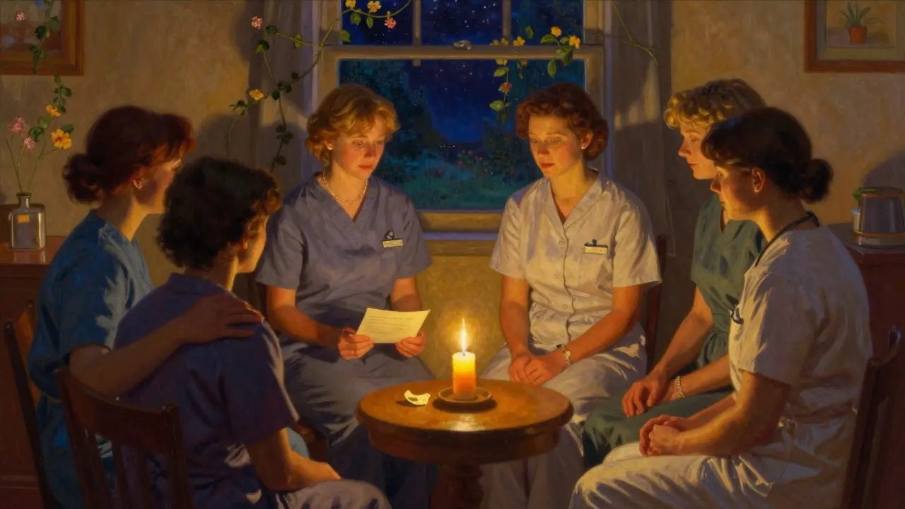 Un gruppo di caregiver seduti in cerchio in una stanza calda, con candele e un'atmosfera di sostegno e connessione.