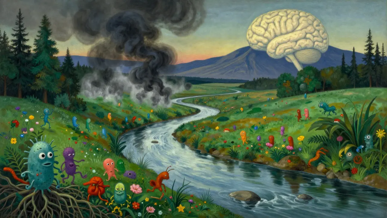 Un paesaggio simbolico del microbioma intestinale con batteri benefici e infiammazione che svanisce.