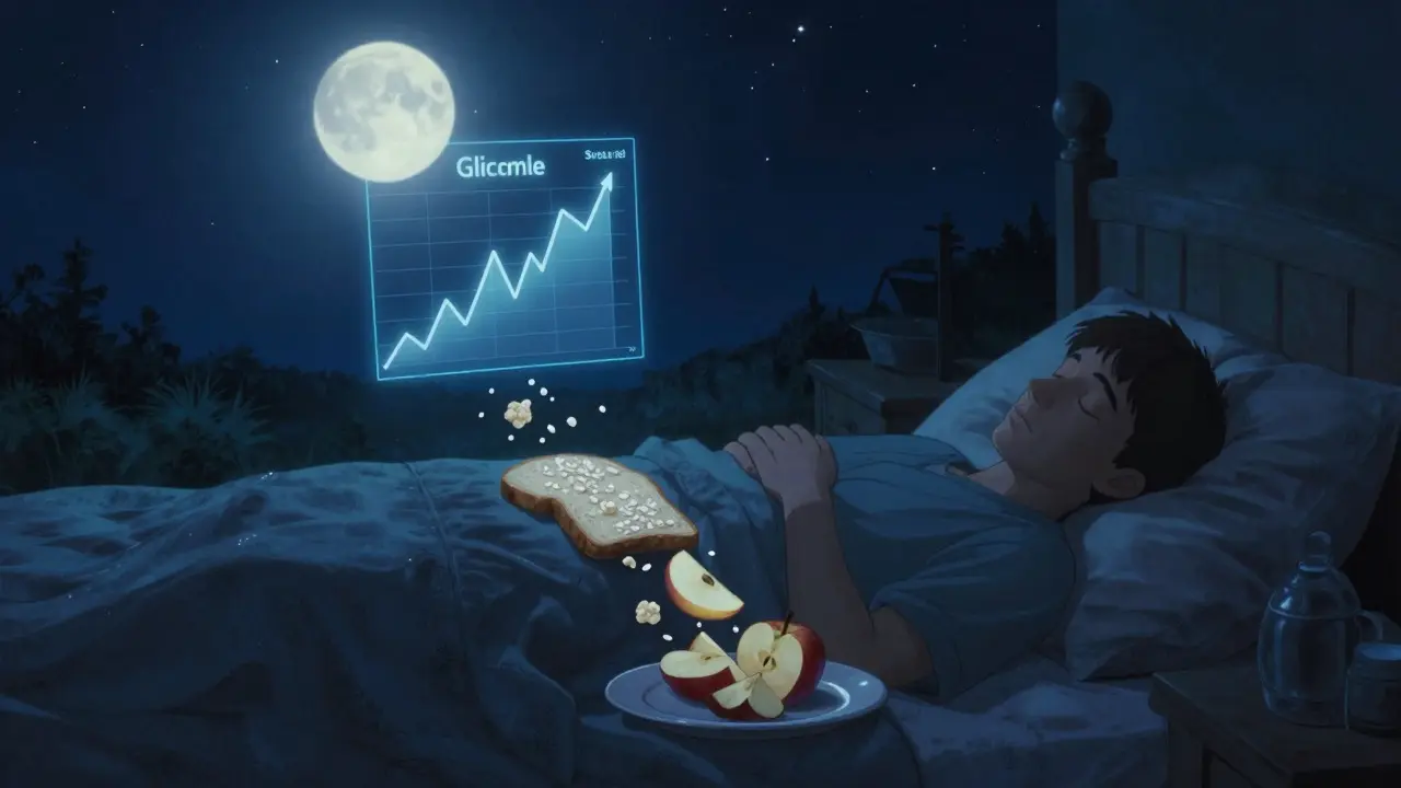 Una persona che dorme sotto un cielo stellato, con carboidrati a lento rilascio che fluttuano verso il corpo.