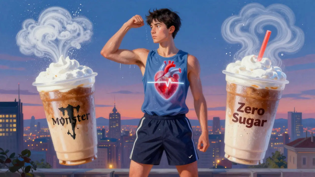 Una persona che fa sport circondata da nuvole di zucchero e dolcificanti artificiali, con il cuore che mostra un ritmo alterato.