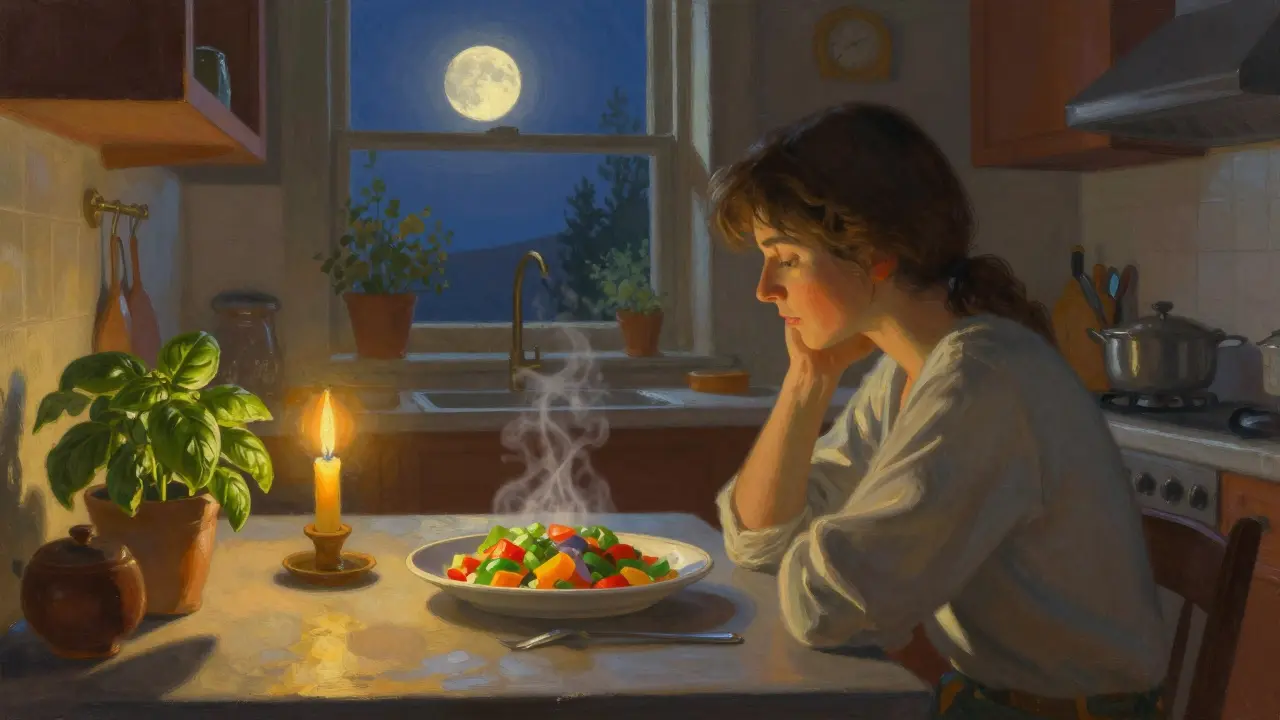 Una persona che osserva un piatto semplice al chiaro di luna, in un momento di silenzio e consapevolezza, senza dispositivi o distrazioni.