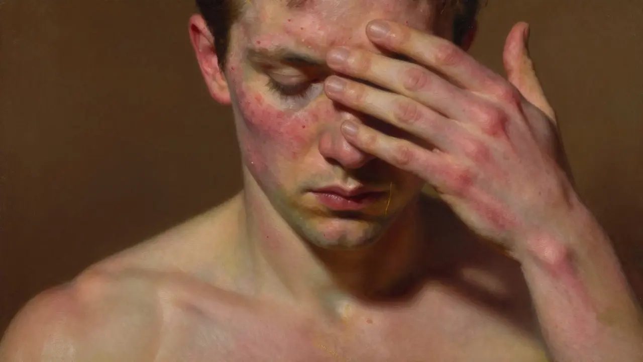 Volto con molte papule e pustole che si estendono al décolleté, tonalità calde e ombre morbide.