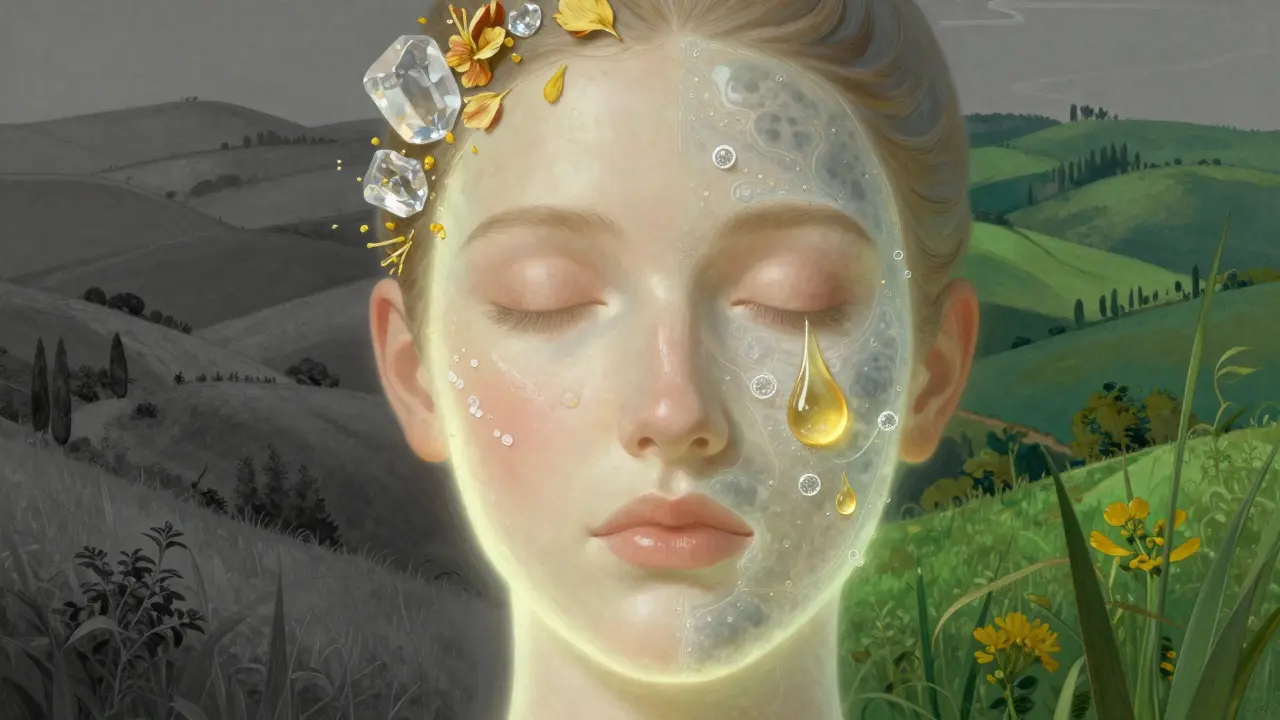 Volto diviso in due: una metà idratata con latte, l'altra purificata con olio, circondata da cristalli e particelle curative.