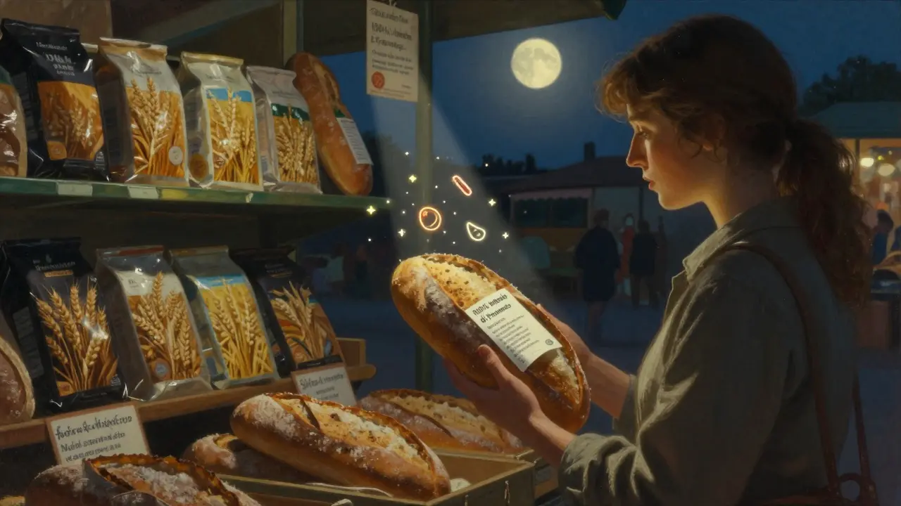 Acquirente in mercato italiano che sceglie un pane con etichetta trasparente, mentre altri prodotti falsi scompaiono nell'ombra.