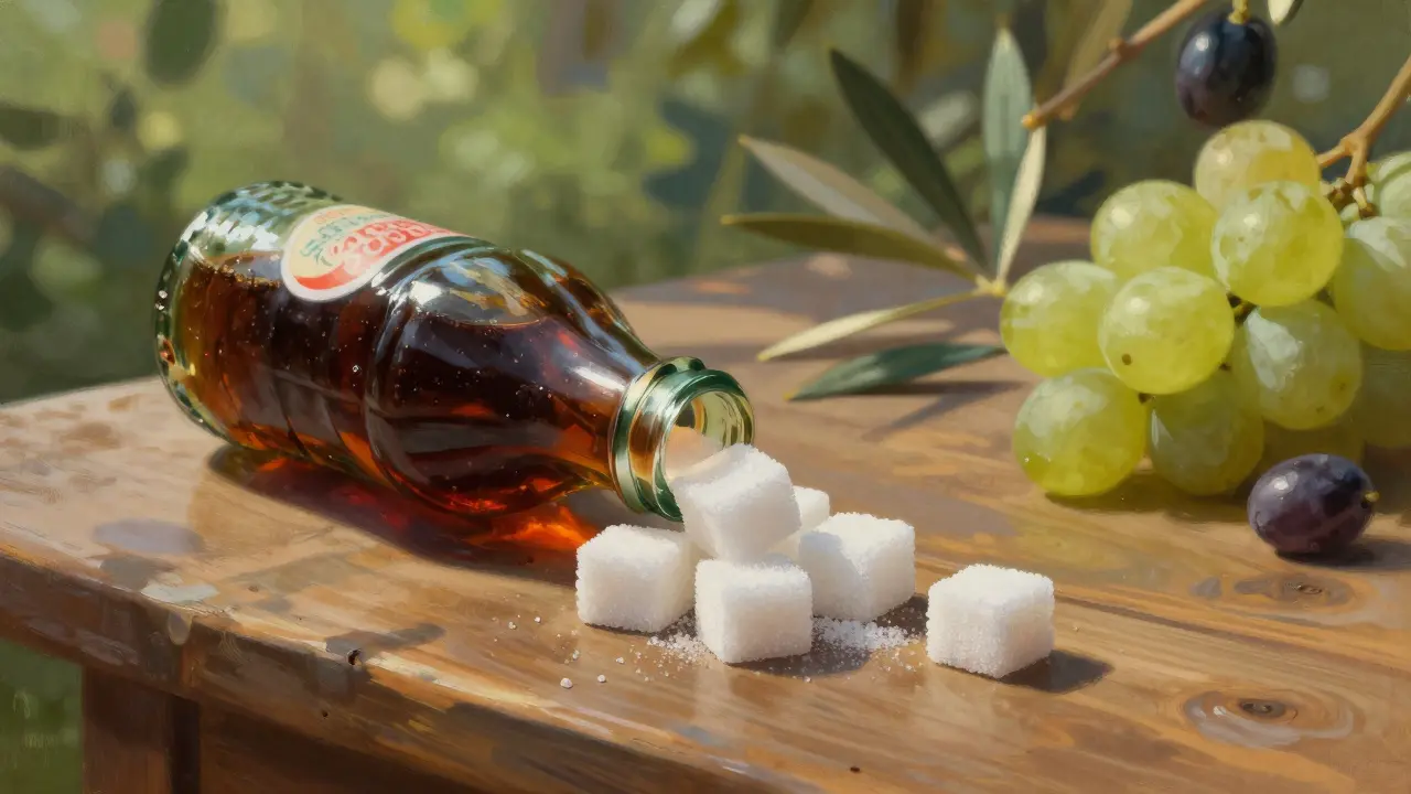 Bottiglia di bibita con cubetti di zucchero sparsi