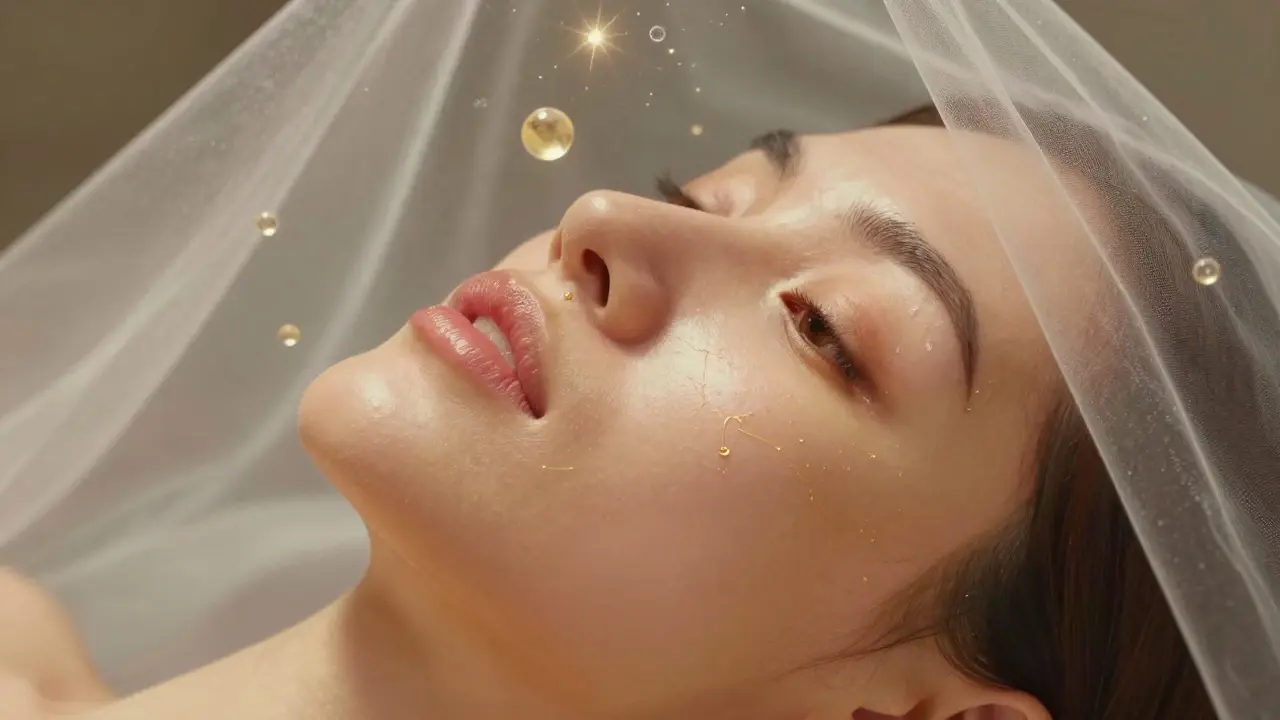 Close-up di un viso che si rigenera, con enzimi che fluttuano come polvere dorata sulla pelle liscia.