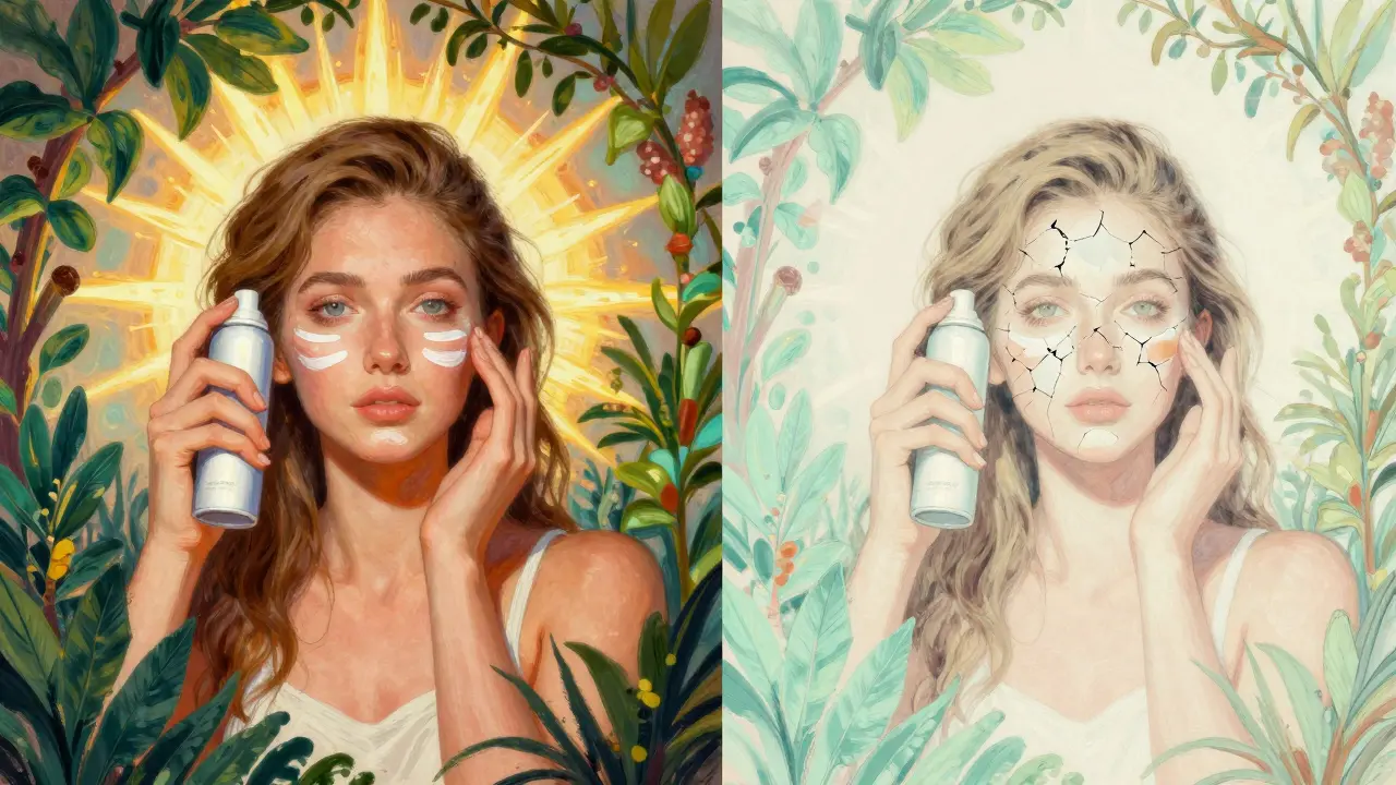 Confronto illustrato tra una routine corretta di protezione solare e una sbagliata, con elementi botanici che simboleggiano la protezione.