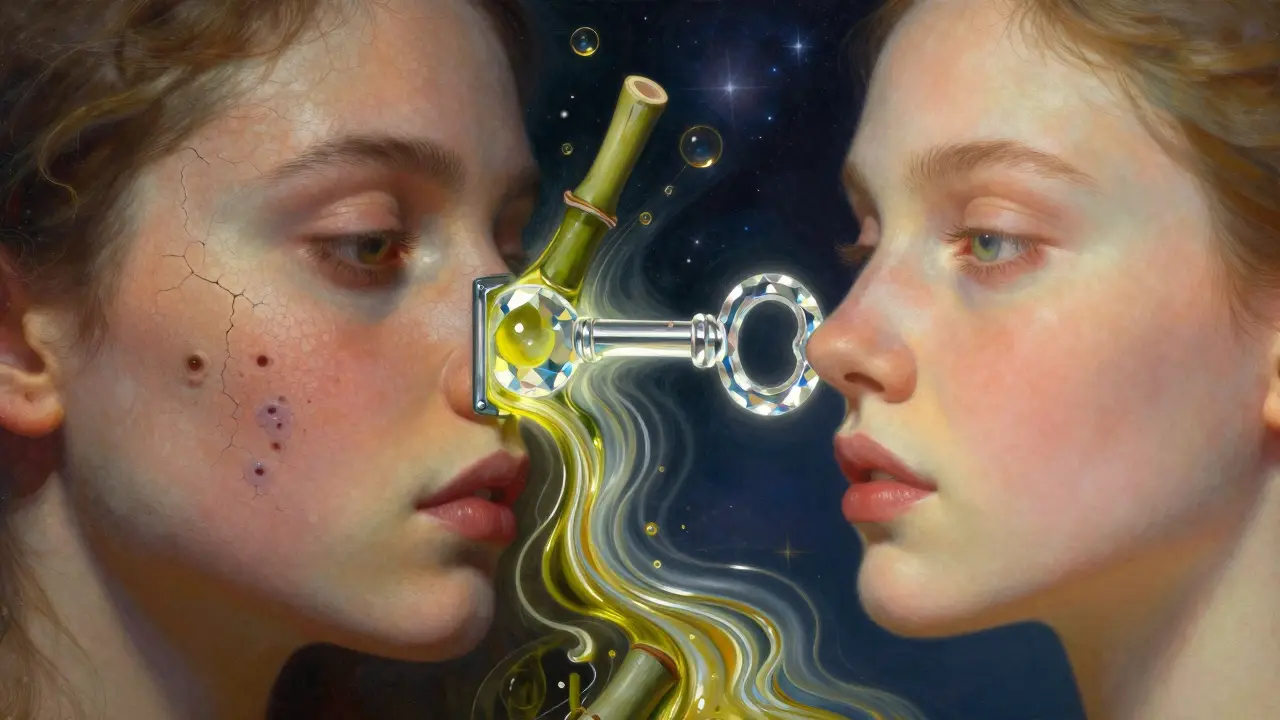 Confronto tra pelle danneggiata e pelle rigenerata, con una molecola di squalano che apre una barriera nascosta.