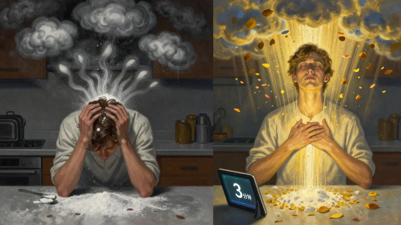 Dallo stress alla calma: lo stesso individuo trasformato dalla meditazione, tra ombre e luce dorata.