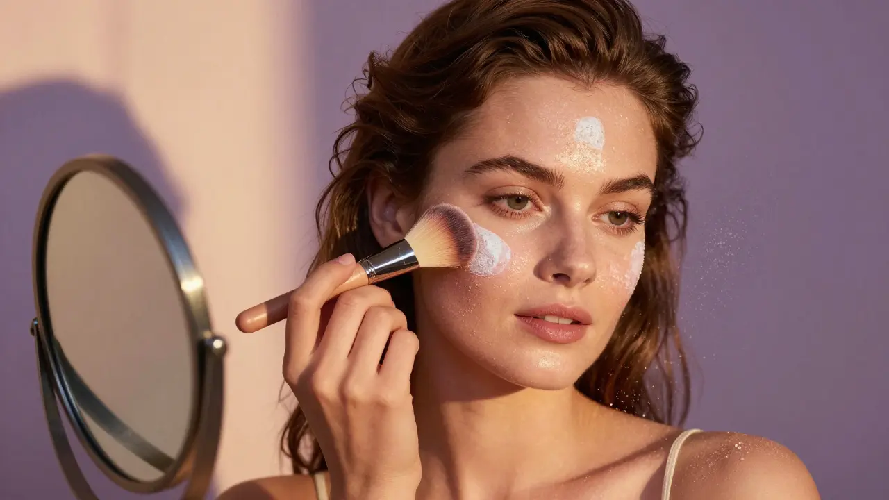 Donna che stende polvere SPF con un pennello, la pelle luminosa e particelle di polvere fluttuanti.