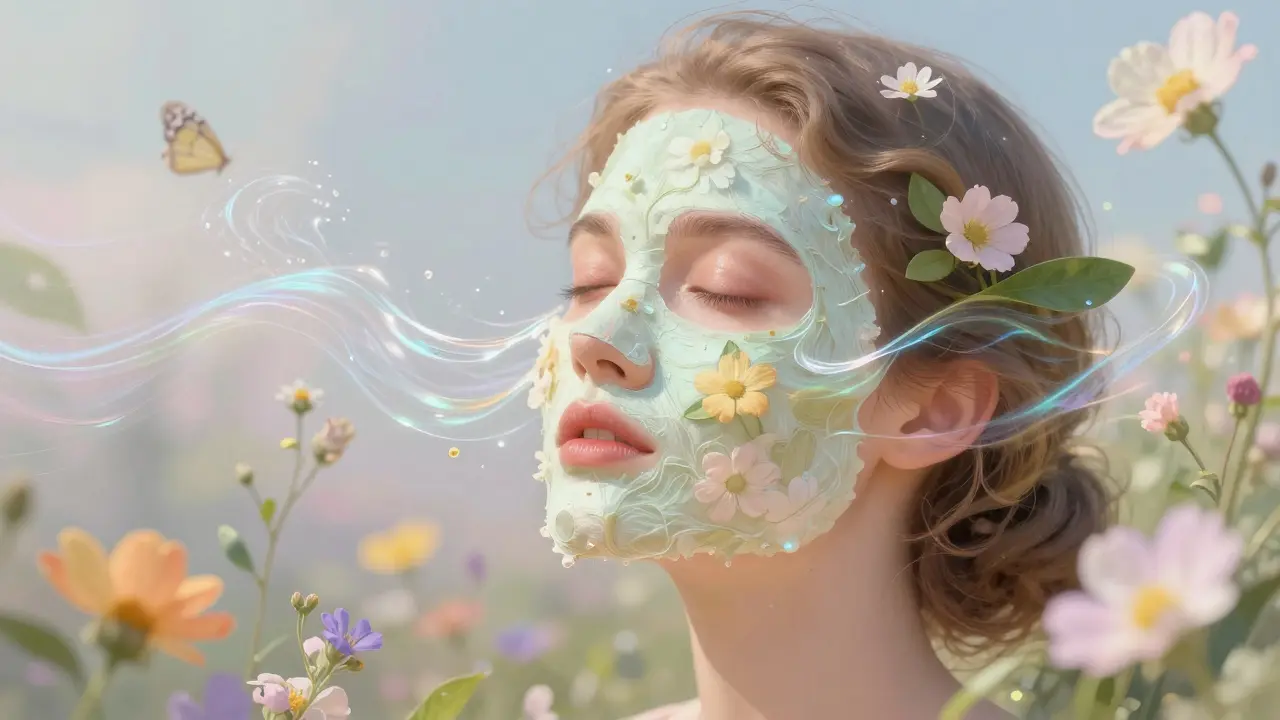 Donna con maschera biodegradabile e onde di idratazione Time-Release in natura.