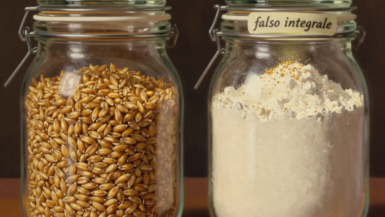 Due barattoli a confronto: farina integrale pura vs farina raffinata con crusca aggiunta.
