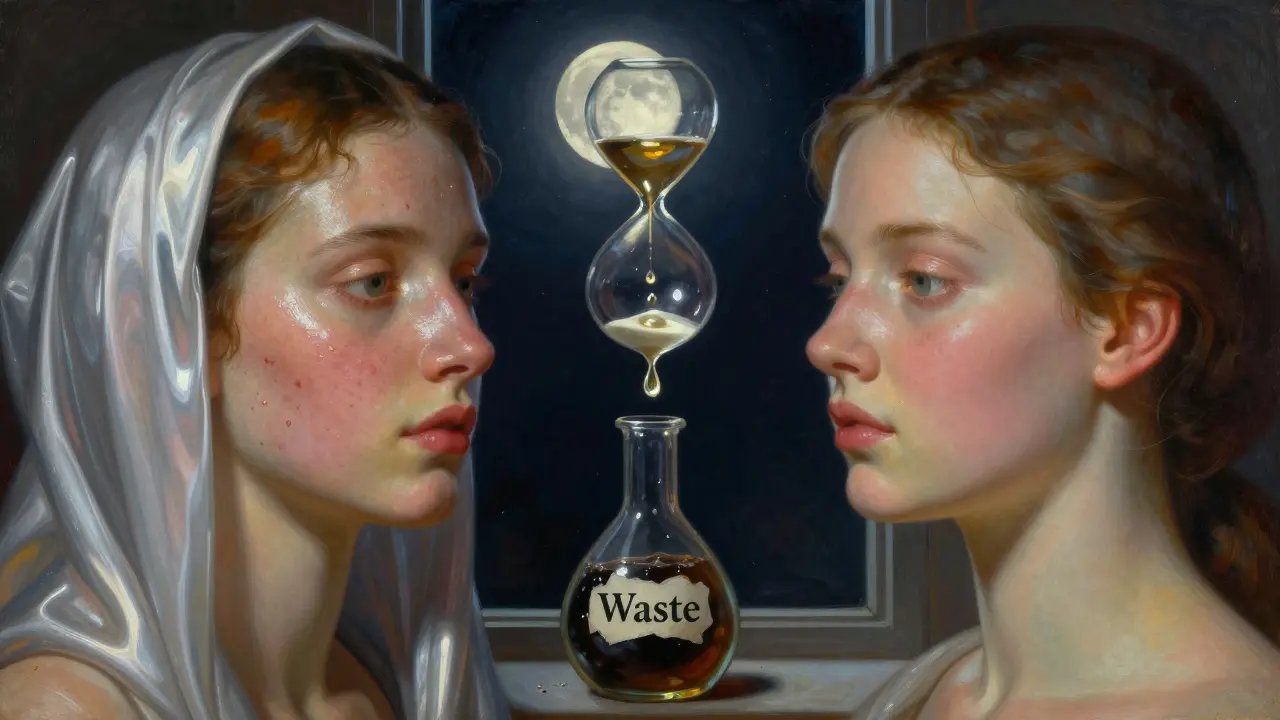 Due volti contrapposti: uno con pelle grassa e uno perfetto, mentre tre gocce flucono verso il secondo.