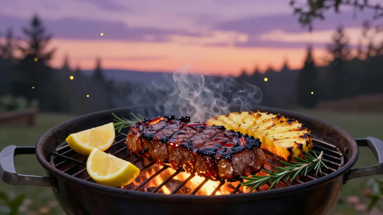 Griglia al tramonto con carne e ananas caramellati, fiamme basse e luce magica dell'atmosfera.