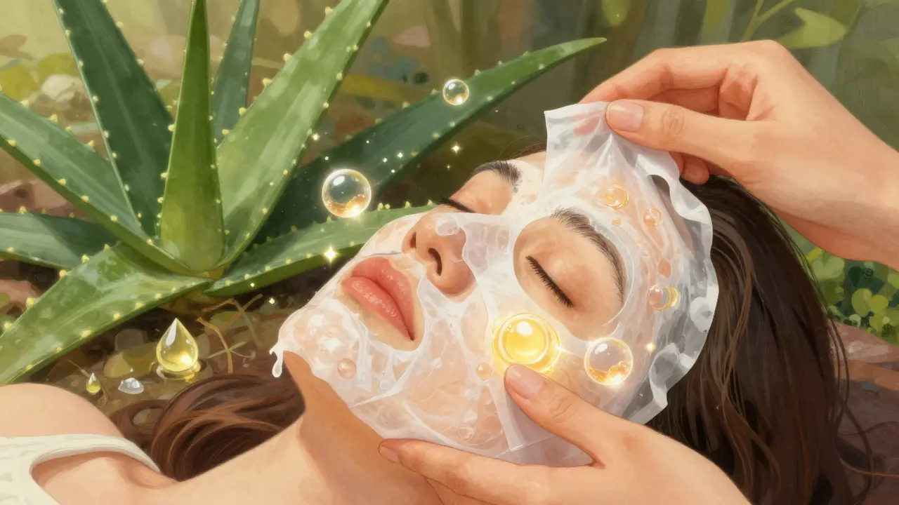 Mano che applica maschera con molecole di acido ialuronico e aloe vera.