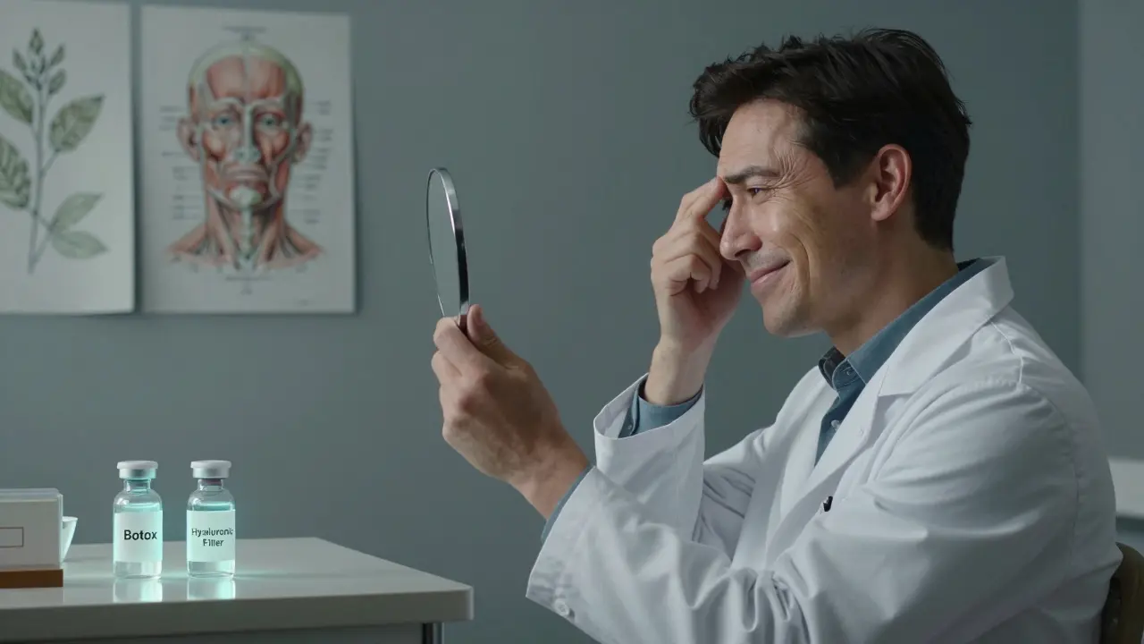 Medico che esamina il volto di un paziente, distinguendo rughe dinamiche e statiche, con flaconi di trattamenti sul tavolo.