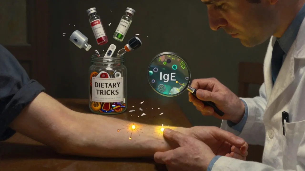 Medico che esegue un test cutaneo con gocce luminose, mentre test non scientifici si sgretolano sullo sfondo.