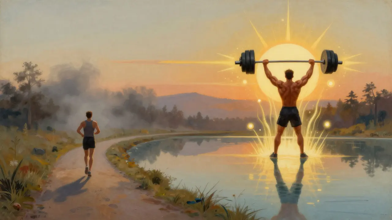 Paesaggio simbolico che confronta l'allenamento solo cardio con la combinazione forza+cardio.