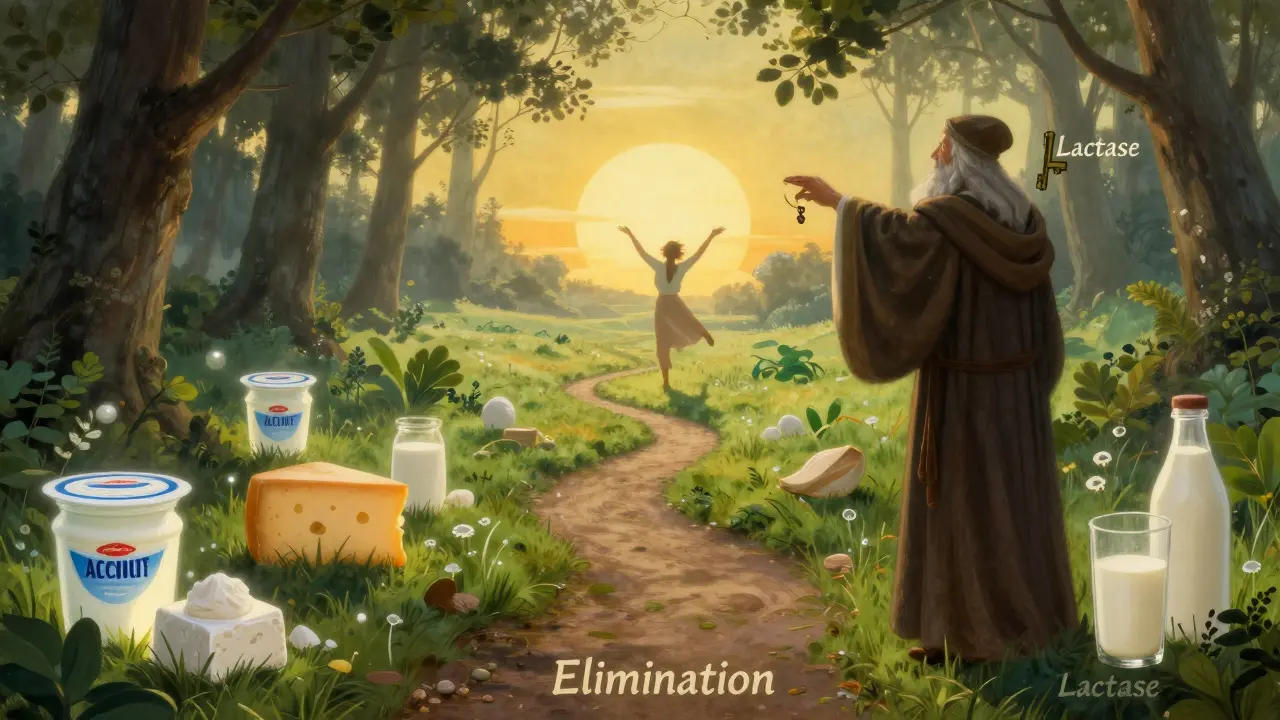 Paesaggio simbolico che mostra il percorso dalla eliminazione al benessere, con alternative al latte e una figura guida che offre la chiave della lattasi.