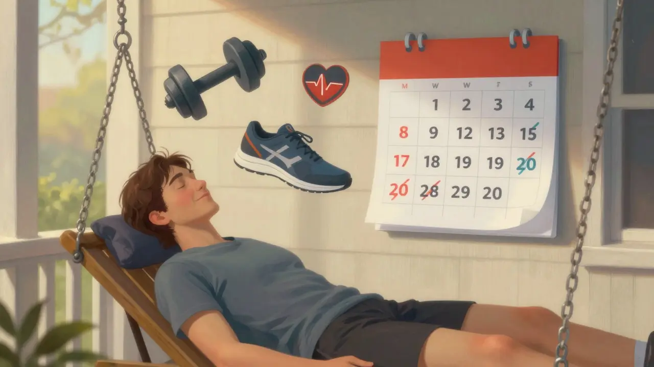 Persona che riposa su un amaca al mattino, con un calendario che mostra la routine settimanale.