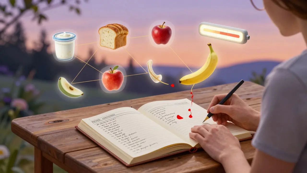 Persona con diario alimentare e icone di cibo fluttuanti, collegati a un indicatore di salute che segnala una reintroduzione problematica.