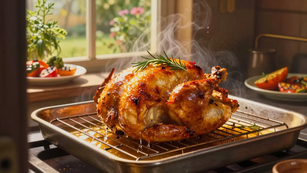 Pollo arrosto nel forno su griglia, pelle dorata e erbe aromatiche, luce calda e soffusa.