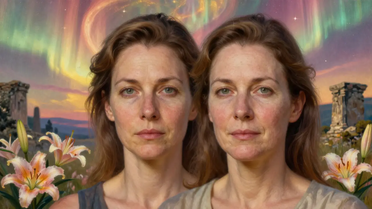 Ritratto diviso: volto rinnovato da Botox e filler, circondato da luce magica e fiori, simbolo di equilibrio estetico.