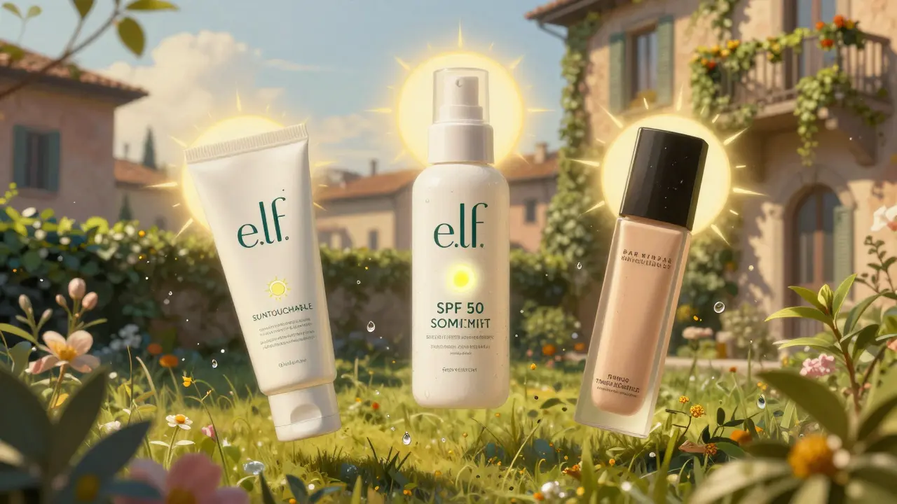 Tre prodotti per il viso galleggiano in un giardino luminoso, circondati da raggi solari deviati, in uno stile pittorico da sogno.