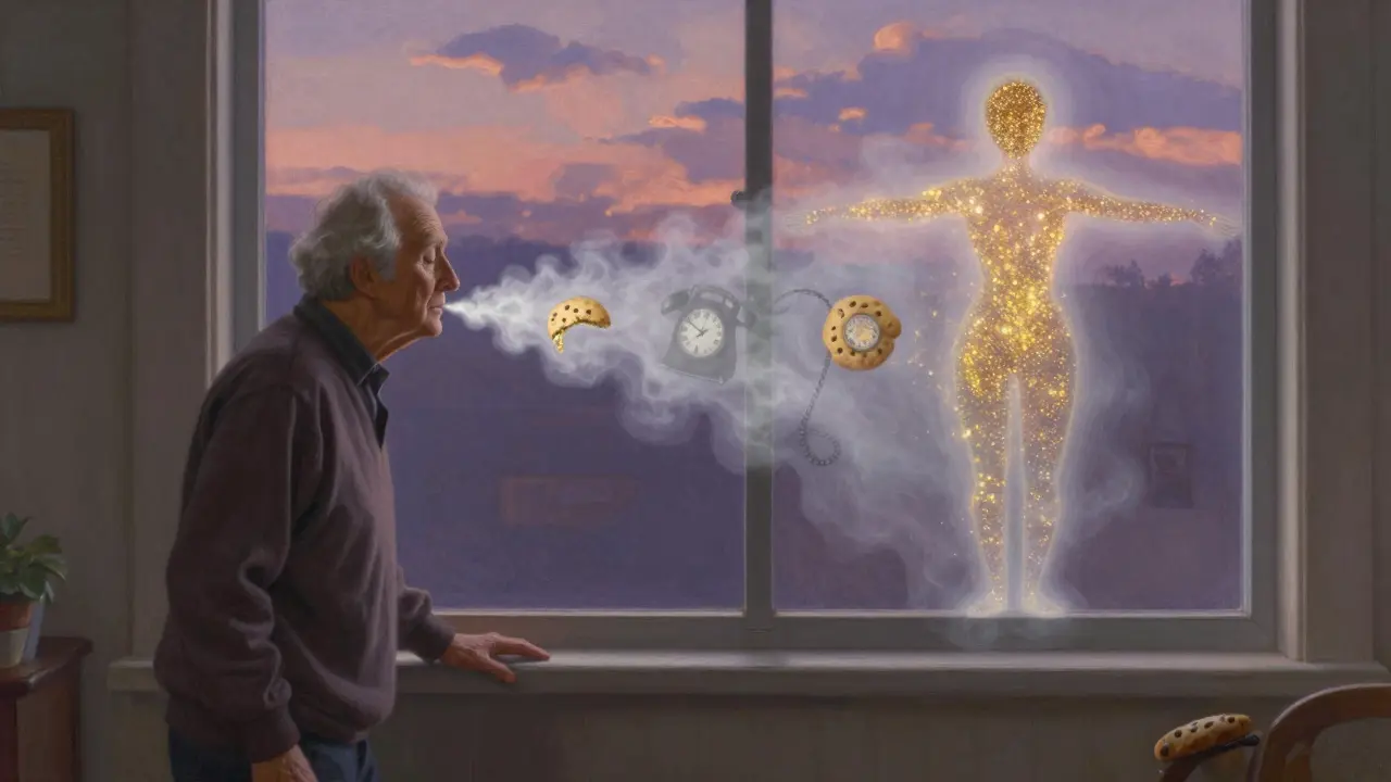 Un anziano cammina accanto a una finestra a casa, con il respiro che diventa nebbia dorata, mentre le preoccupazioni passate svaniscono in luce calda.