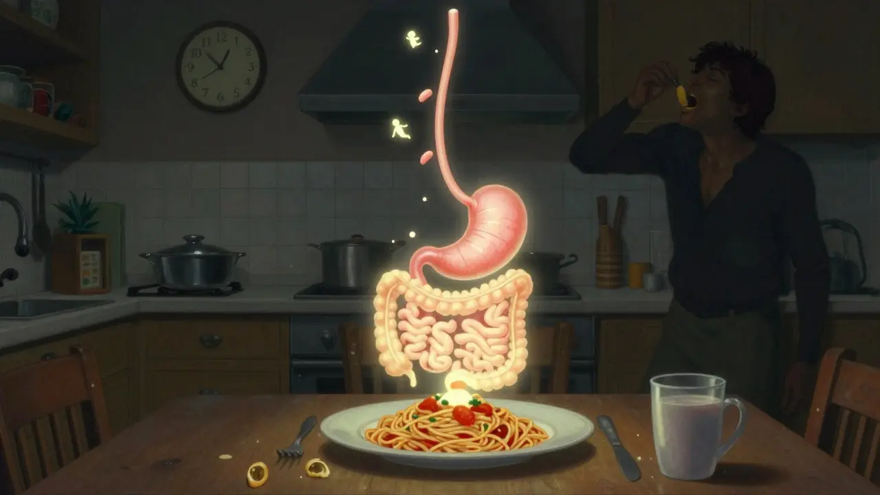 Un sistema digestivo luminoso che si sviluppa dalla pasta, con sprite enzimatici che viaggiano verso lo stomaco, in contrasto con chi mangia in fretta.
