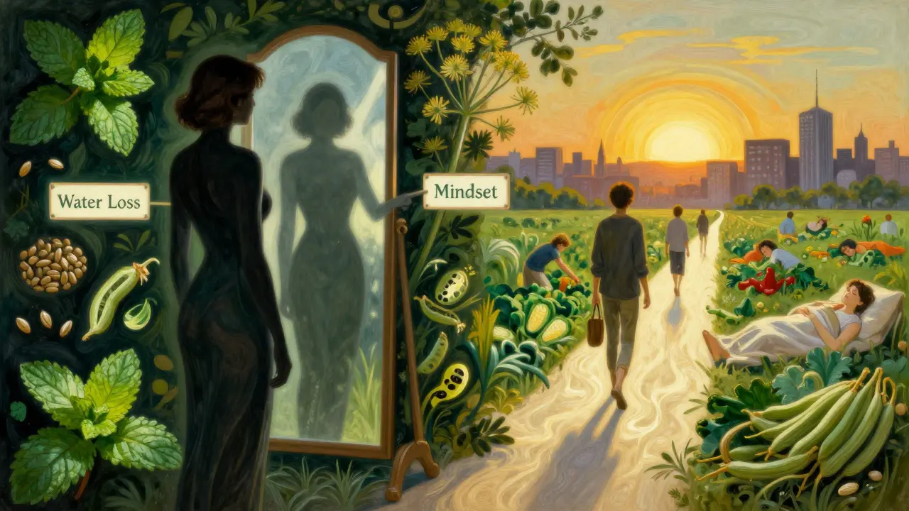 Una donna guarda il suo riflesso mentre erbe e simboli rappresentano perdita d'acqua e consapevolezza mentale.