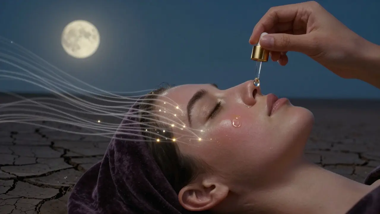 Una mano che applica olio di squalano su una guancia, con percorsi di idratazione che penetrano nella pelle.