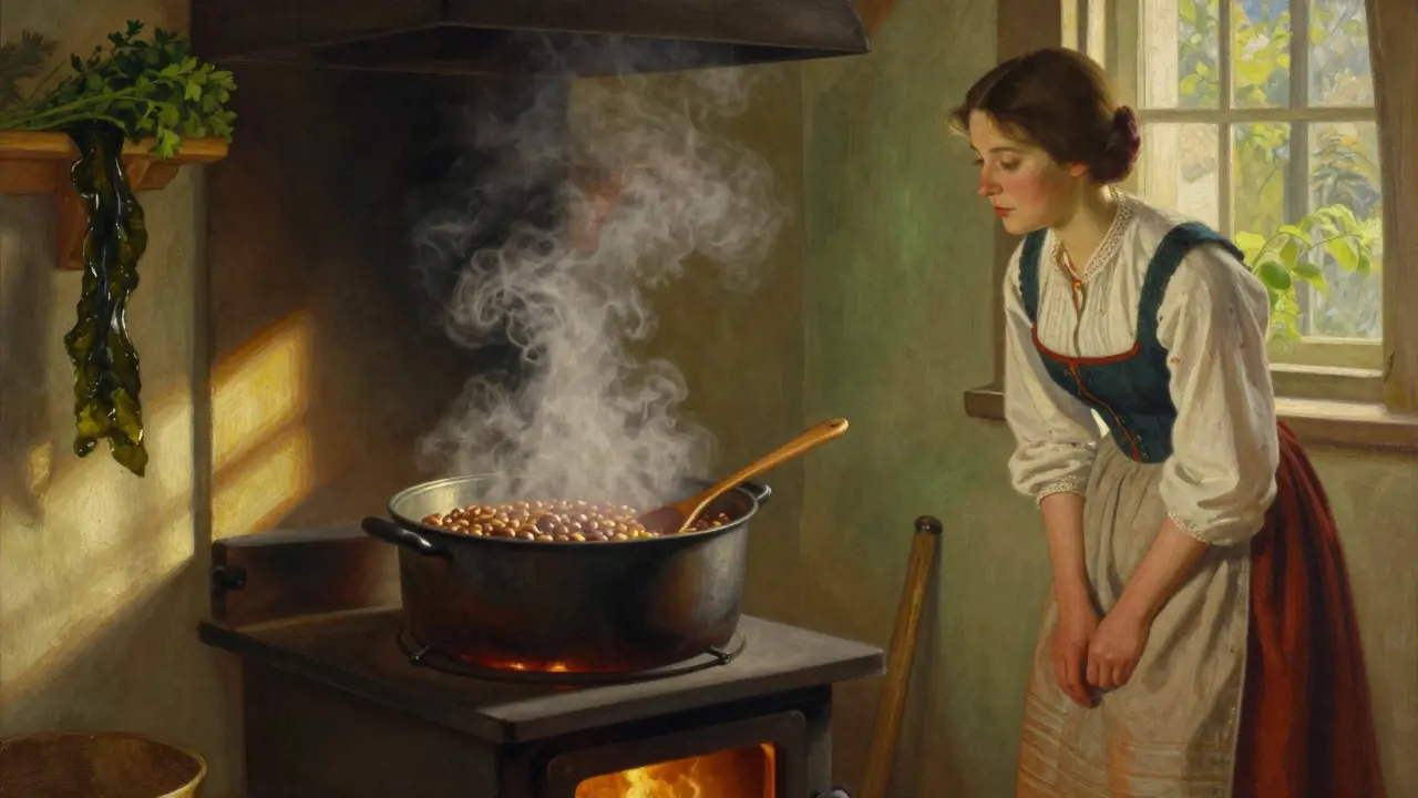 Una pentola di legumi che cuoce lentamente al fuoco lento, con vapore e erbe aromatiche intorno.