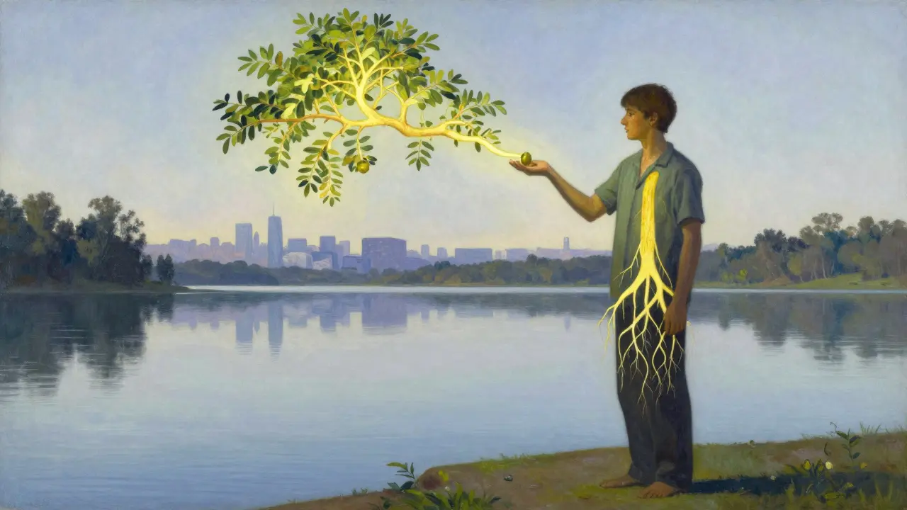 Una persona che trasforma un'oliva in un albero che si radica nel corpo, simbolo dell'impatto epigenetico della masticazione consapevole.