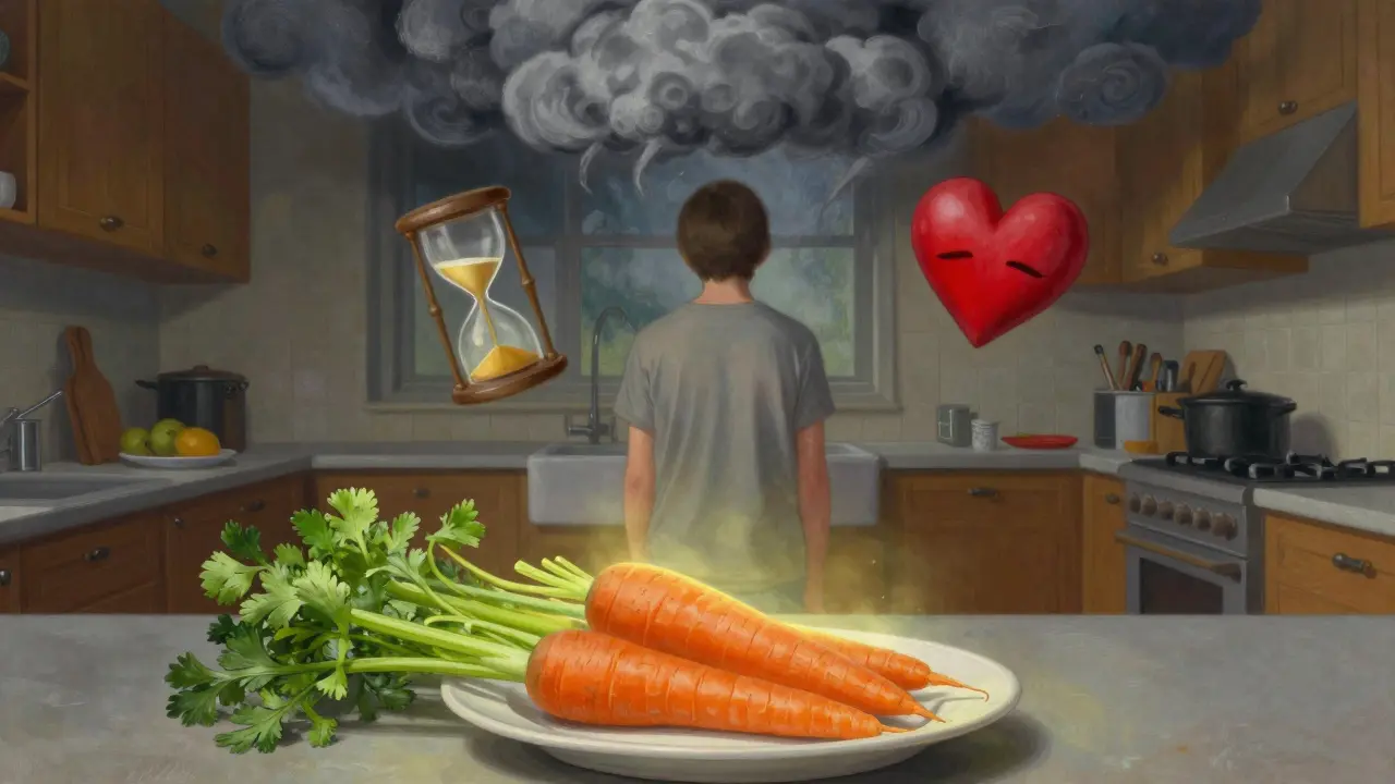 Una persona circondata da simboli emotivi, con verdure fresche che brillano come alternativa al cibo emotivo.