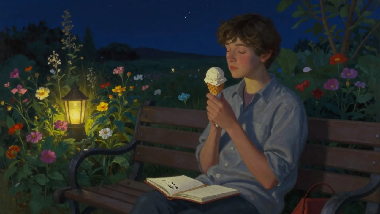 Una persona gusta un gelato serenamente sotto le stelle, con un diario che testimonia scelta consapevole.