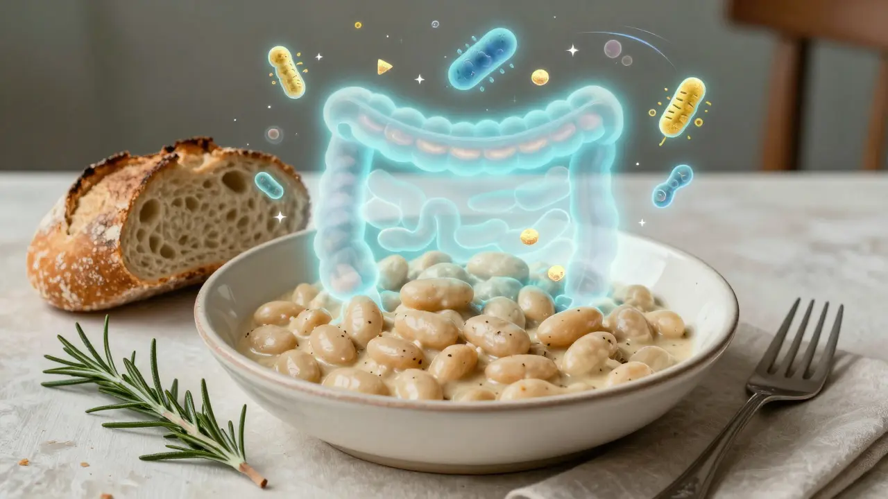 Una porzione perfetta di legumi cotti, con un'aura di benessere digestivo e pane rustico accanto.