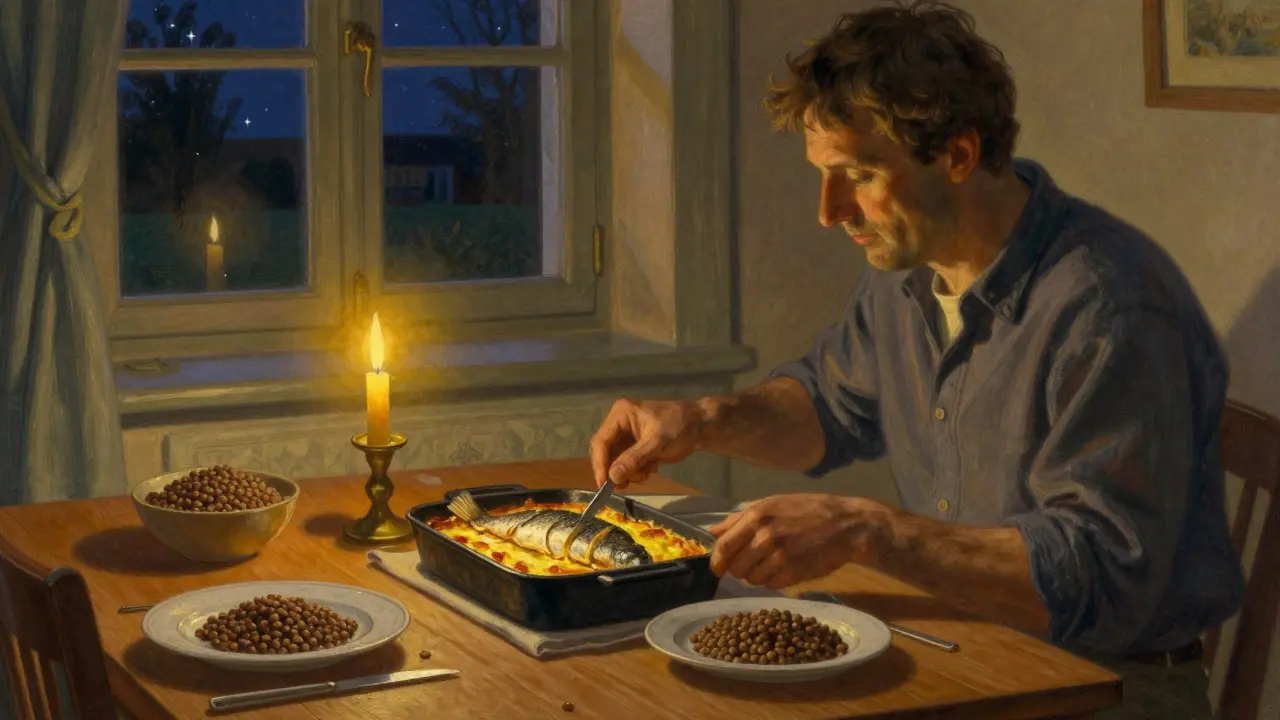 Cena italiana con merluzzo e lenticchie, luce calda e atmosfera tranquilla di serenità.