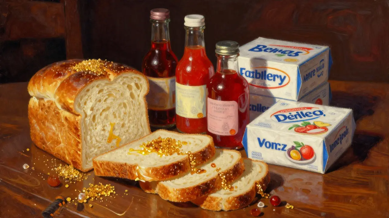 Cibi salati come pane e salse con particelle di zucchero nascosto