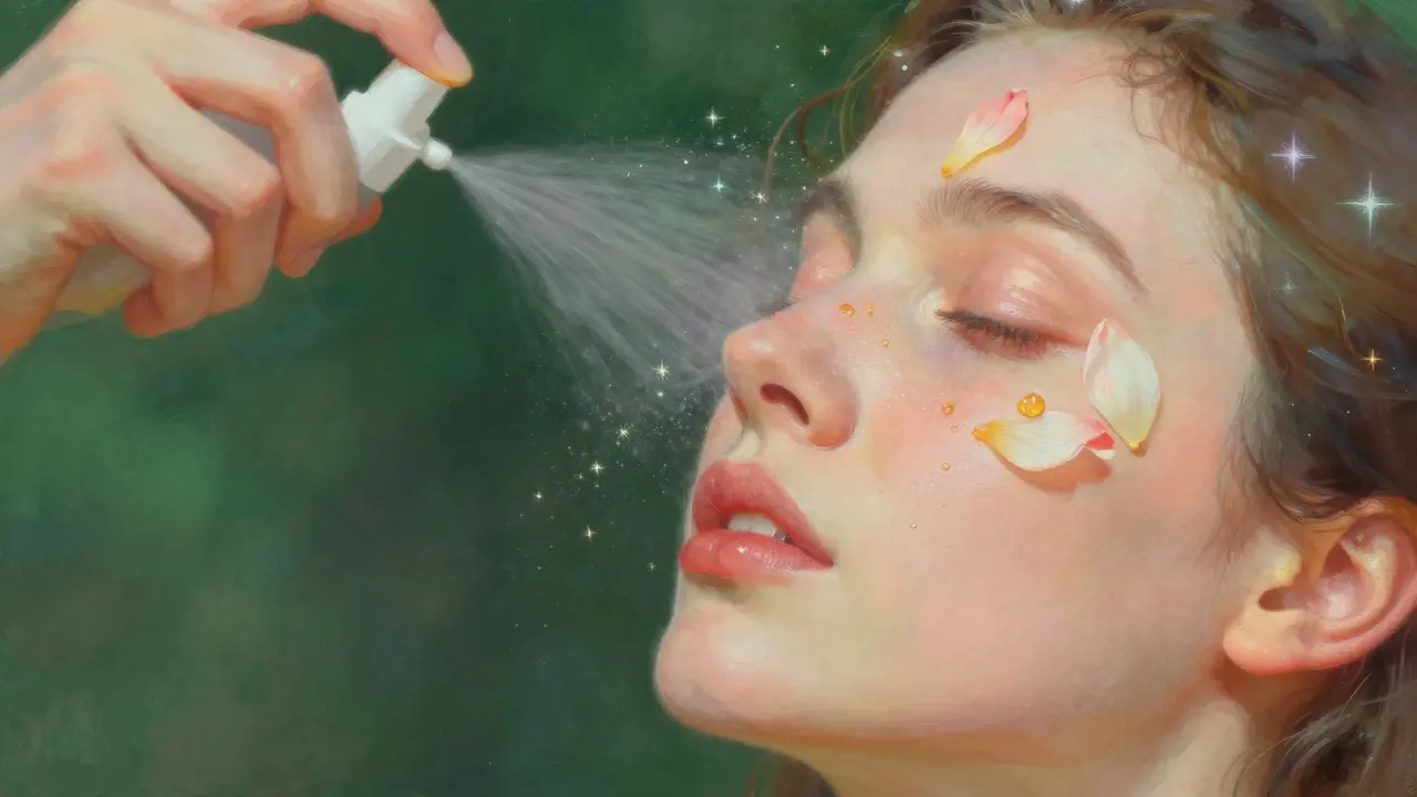 Close-up del viso con tonico che illumina i pori e particelle di siero fluttuanti.